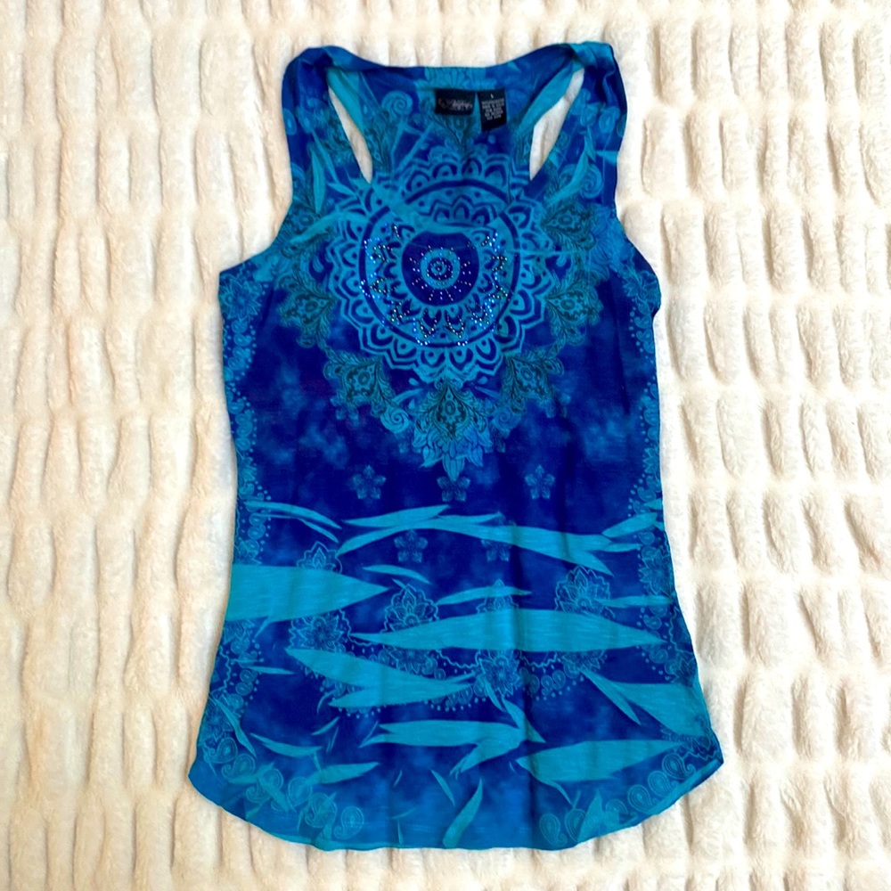 Daytrip sleeveless tank, Size Large, blues & teals